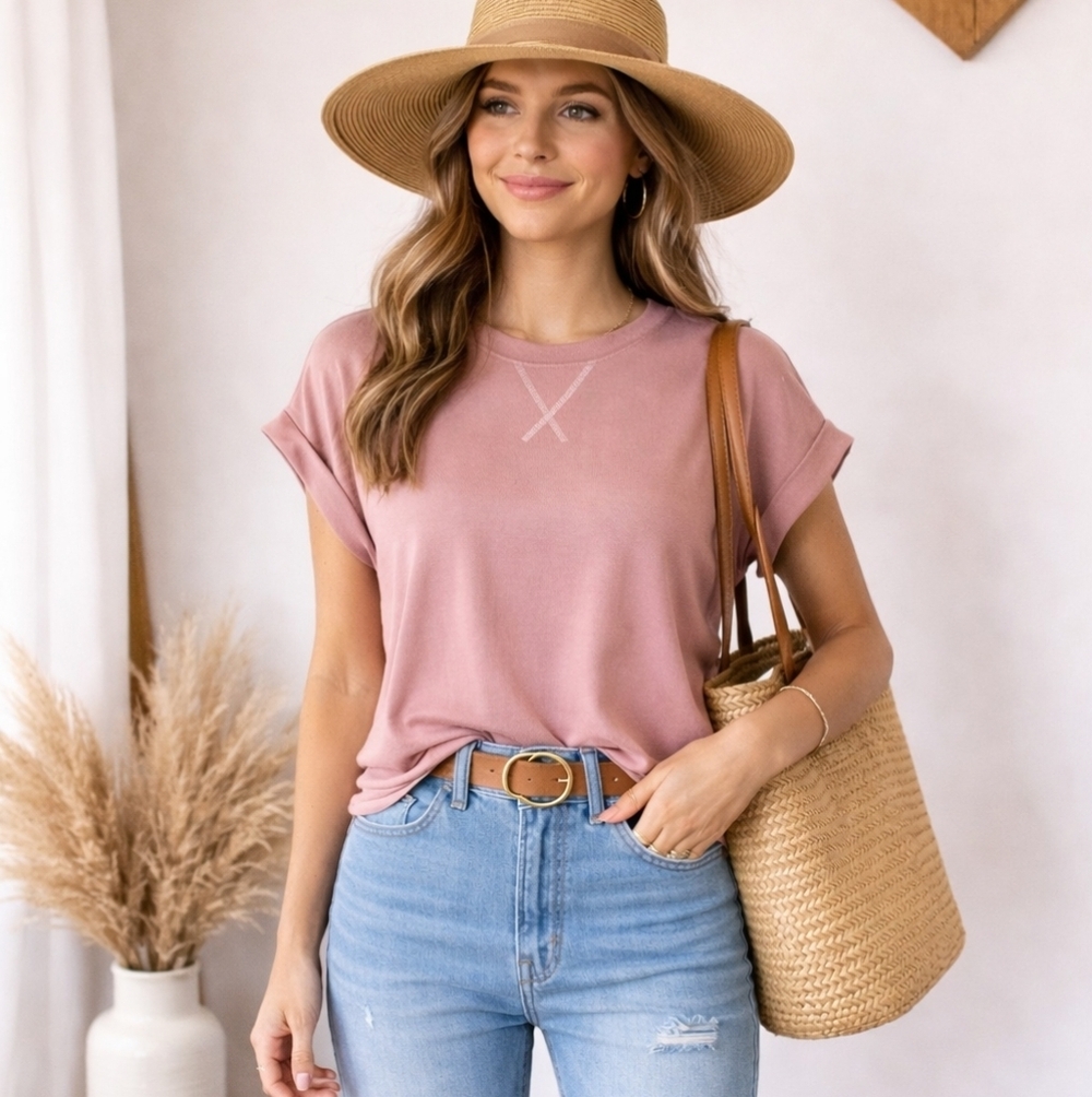 Como Blu Pink Relaxed Boxy Short Sleeve Light Weight Sweater